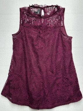 Amywear Burgundy Lace Sleeveless Top Small Floral Overlay Keyhole Back